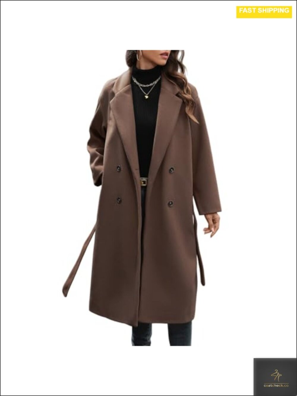 Women's Double Breasted Wool Blend Winter Coat with Belt Notch Collar